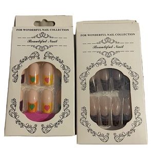 2 Sets False Nails Long With File Press On Brown Cheetah Print & Rainbow Heart